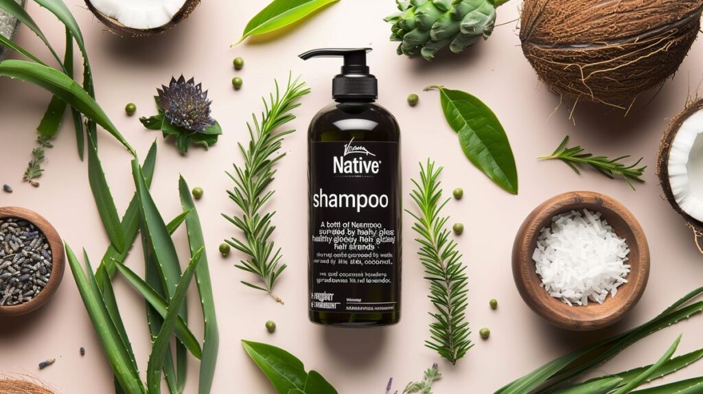 Bottle of Native shampoo with healthy hair strands, aloe, coconut, and lavender - is Native shampoo good?