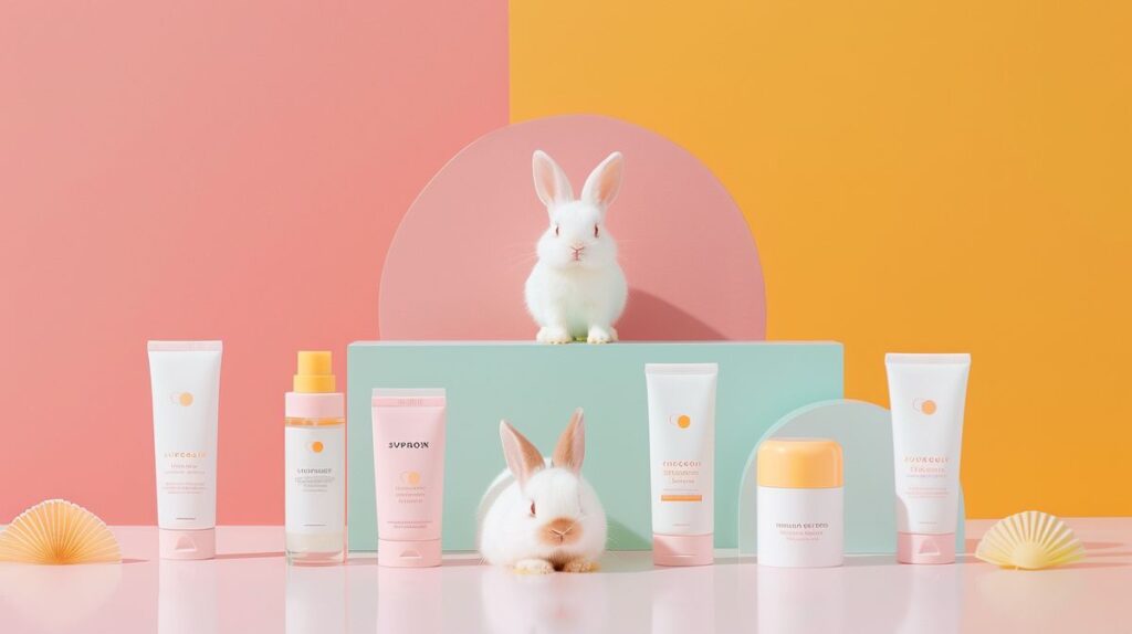 Supergoop sunscreen products in a semi-circle with a happy bunny in the center, representing cruelty-free skincare.