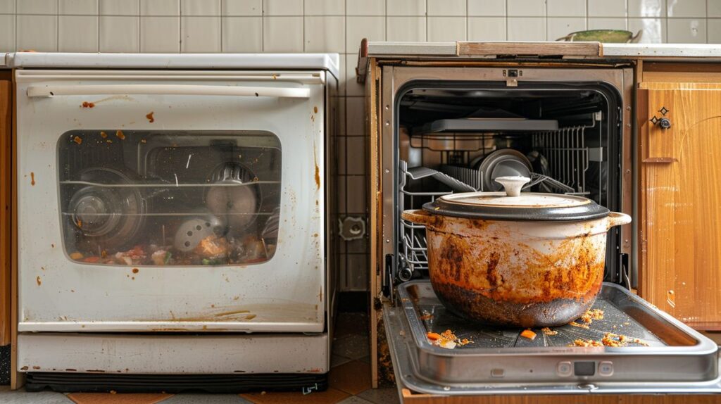 Used crock pot with food remnants next to an open dishwasher with clean dishes