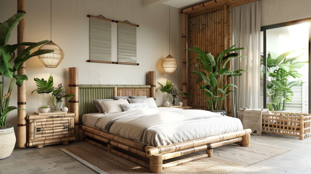 Serene bedroom with eco-friendly wooden bed, bamboo dresser, and potted indoor plants.