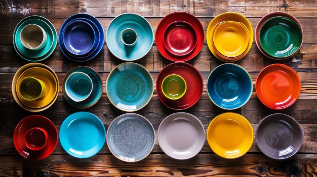 Colorful non toxic dinnerware brands made of eco-friendly bamboo, stainless steel, and glass displayed on a wooden dining table.