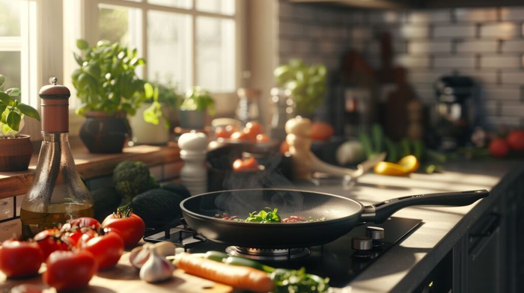 HexClad pan on stove with fresh organic vegetables, non-toxic cookware in kitchen setting