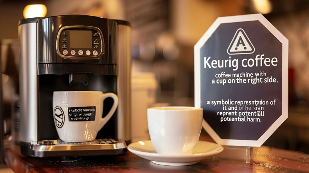 Keurig coffee machine with a cup and a warning sign, illustrating the question: is Keurig coffee bad for you?