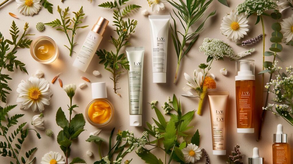 No 7 cruelty free skincare products with flowers and leaves, showcasing natural and ethical beauty.