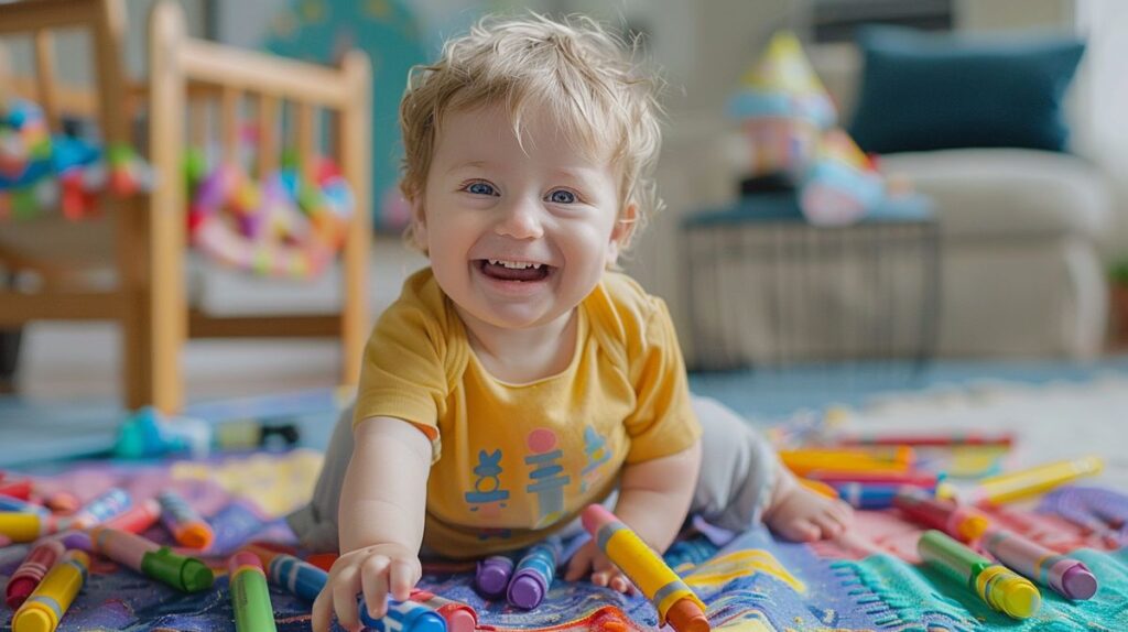 Toddler happily holding a large, non-toxic crayon with more non toxic crayons for 1 year old scattered on a play mat.