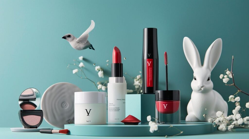 No 7 beauty products including skin cream, lipstick, and mascara with natural ingredients backdrop, cruelty-free and eco-friendly symbols like rabbit and leaf.