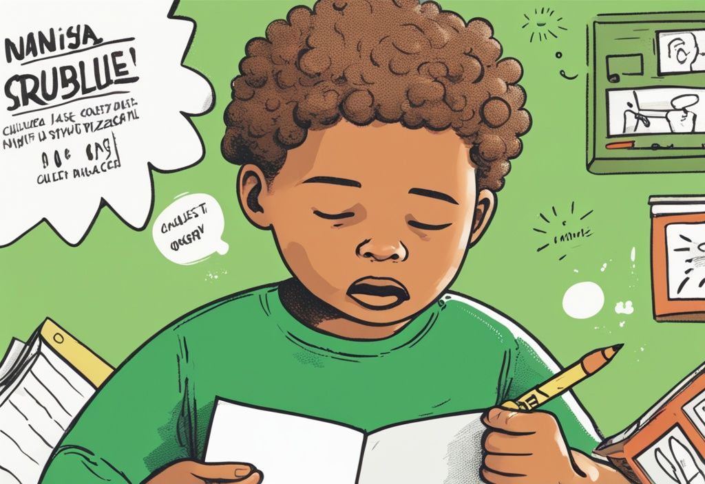 Illustration of a puzzled child with a crayon and partially colored page, showing symptoms like stomachache, nausea, and colorful stool in a thought bubble, green color theme.