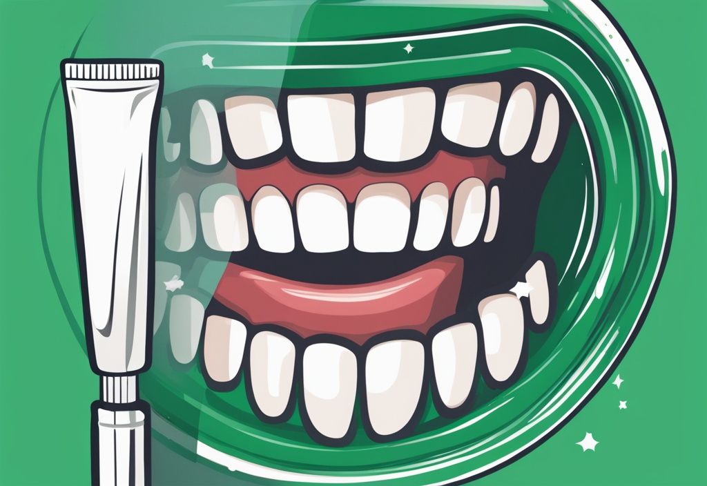 Close-up of a green-themed illustration featuring a tube of non-toxic super glue for teeth, with a sparkling white tooth and dental mirror in the background.