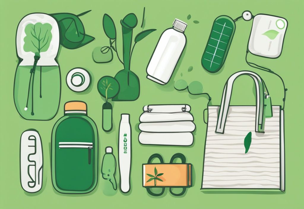 Illustration of sustainable life hacks featuring green-themed everyday items like a reusable water bottle, cloth shopping bags, bamboo toothbrush, and solar charger.