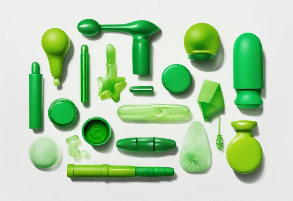 Illustration of colorful, non-toxic sex toys on a white surface with a green color theme.