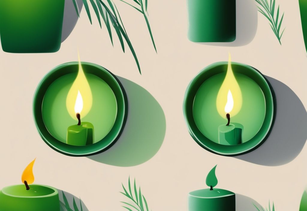 Illustration of green-themed contrasting candles, showcasing palm wax and soy wax textures and colors side by side.