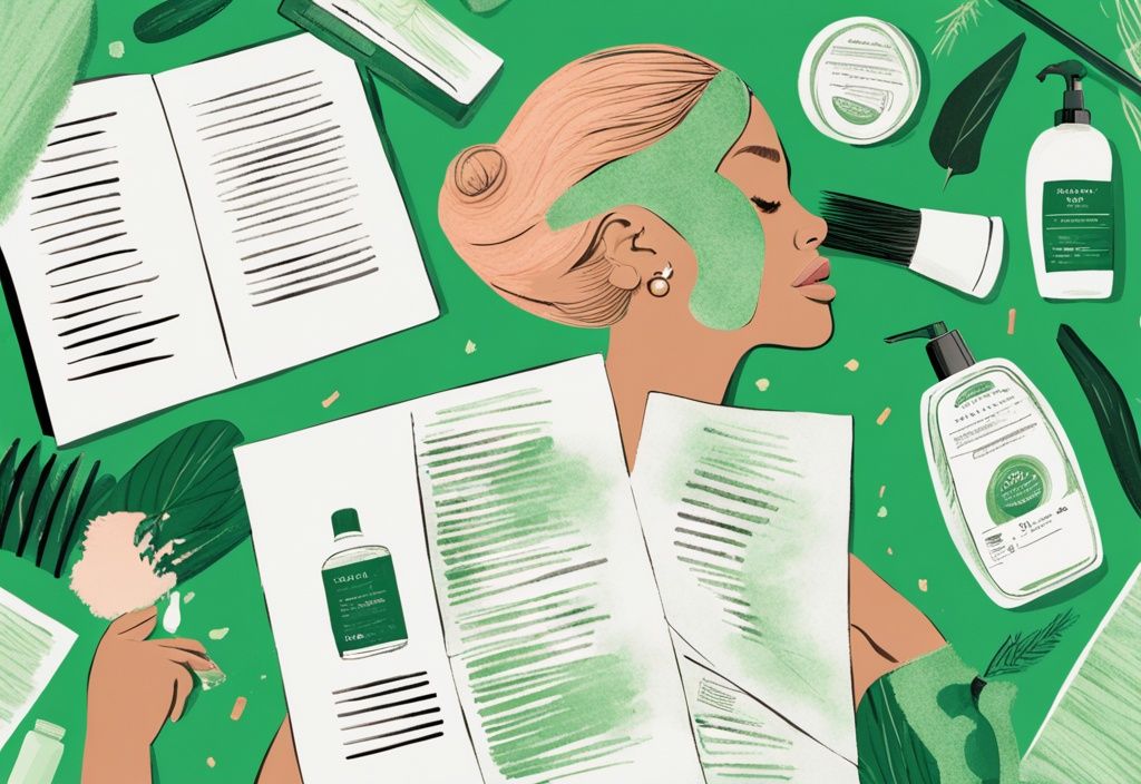 Illustration of a woman reading "Prose Hair Lawsuit" document surrounded by Prose hair care products, green color theme.