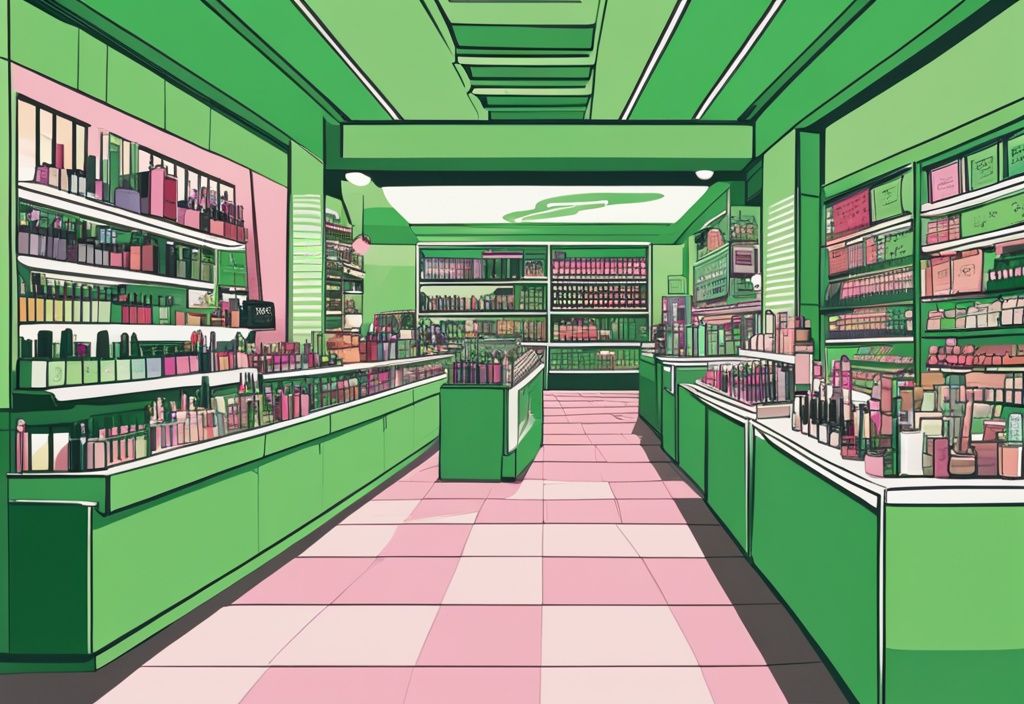 Illustration of beauty stores with green theme, showcasing diverse makeup and skincare products similar to Sephora.