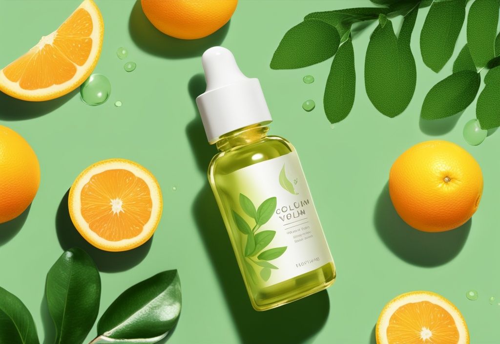 Illustration of a glass dropper bottle with golden vegan vitamin C serum, surrounded by fresh citrus fruits and green leaves on a light wooden surface.