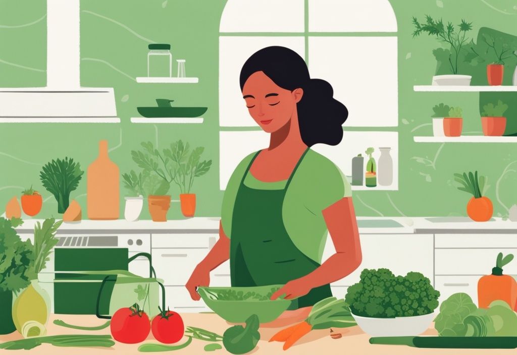 Illustration of a woman in a green-themed kitchen preparing a meal with fresh, organic vegetables, showcasing a non toxic lifestyle with eco-friendly products and plants in the background.