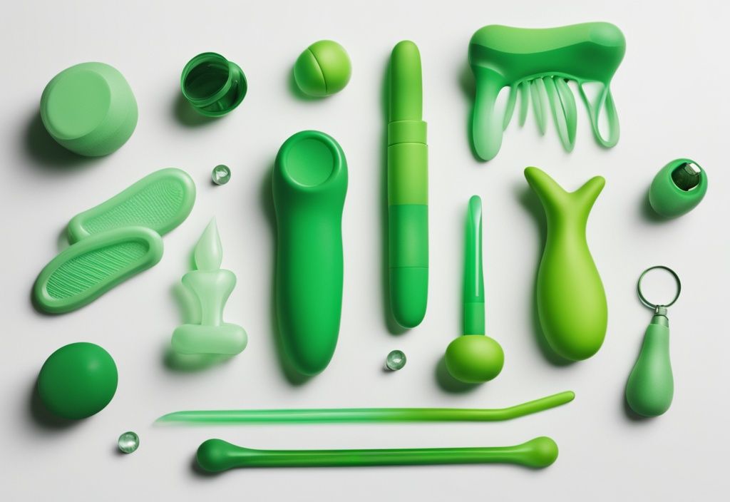 Illustration of colorful non-toxic sex toys on a white surface with a green color theme.