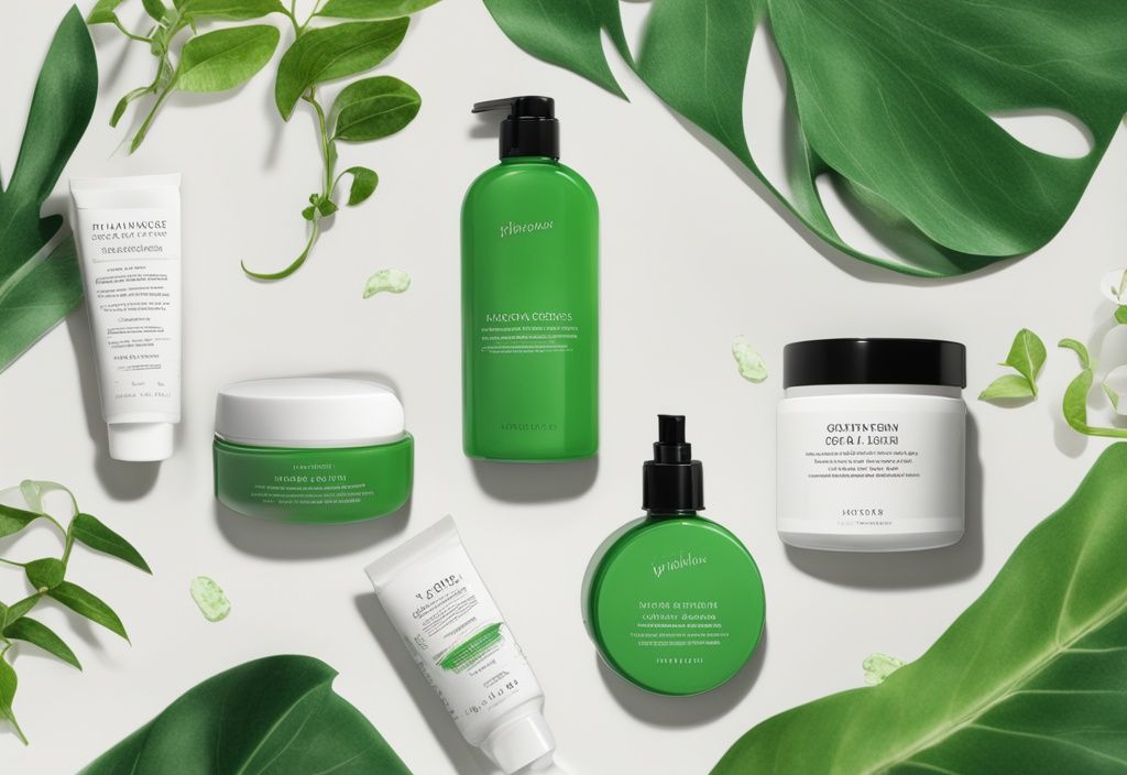 Vegan moisturizers on marble countertop with green plants, green-themed illustration.