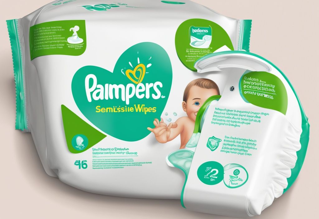 Illustration of Pampers sensitive wipes with magnifying glass highlighting the ingredients on the package, featuring a green color theme.