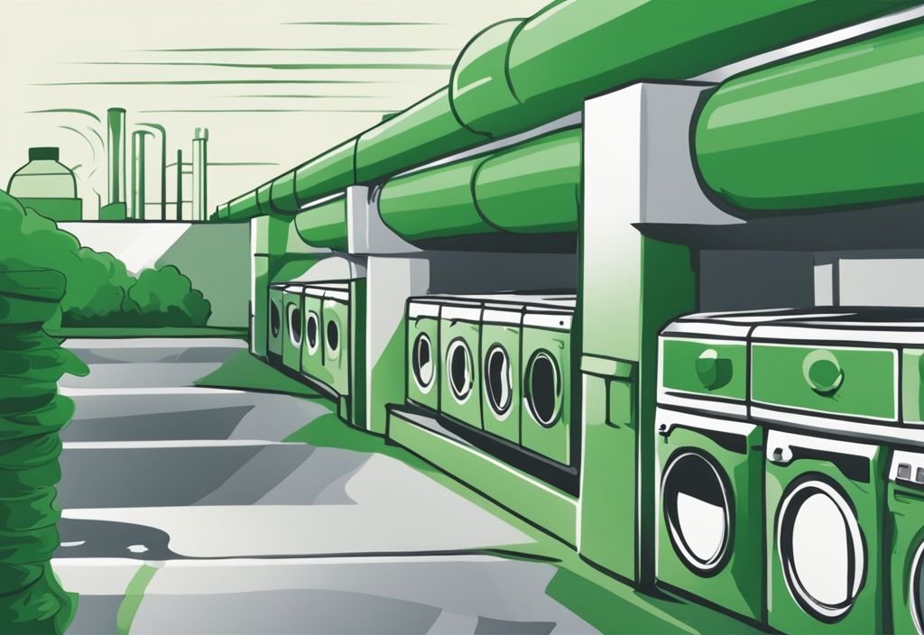 Illustration of Earth Breeze laundry sheets with green color theme and manufacturing facility in background.