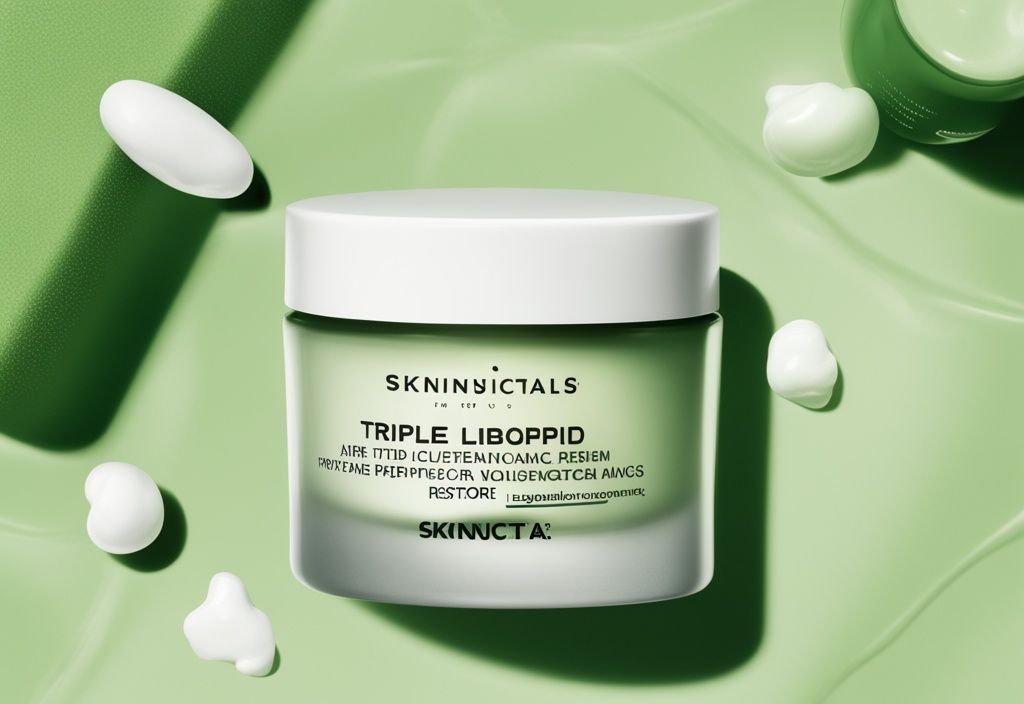 Close-up of SkinCeuticals triple lipid restore cream jar with green theme, featuring visible customer reviews and star ratings in the background.