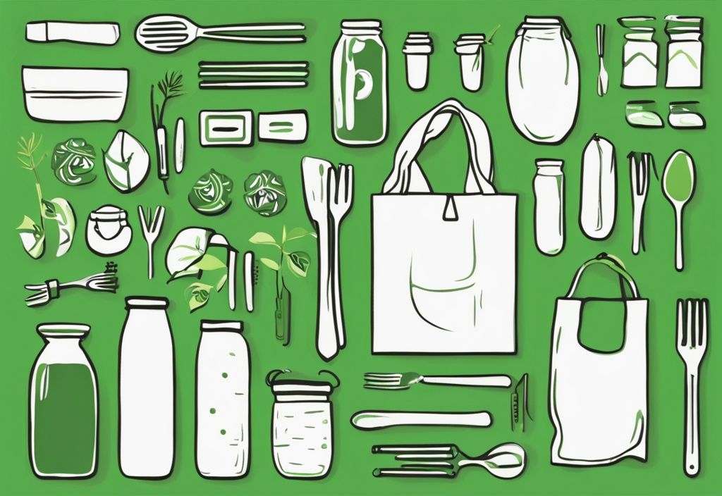 Illustration of zero waste concept with green-themed reusable items like cloth bags, glass jars, and bamboo cutlery forming a zero shape.