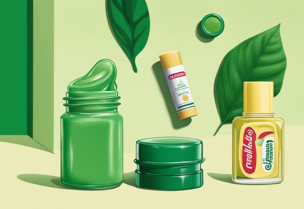 Illustration featuring Carmex lip balm and Vaseline jar against a green-themed neutral background.