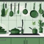 Green-themed illustration of non-toxic pans, including cast iron, stainless steel, and ceramic, on a kitchen countertop, showcasing what pans are non toxic.