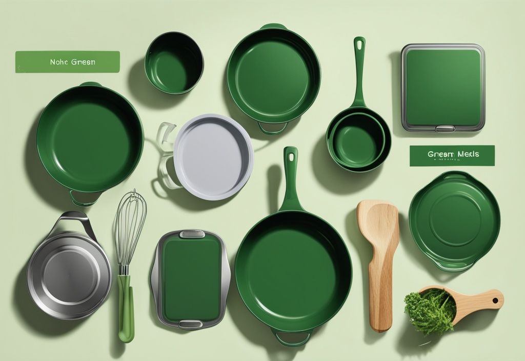 Illustration of eco-friendly pans made from non-toxic materials such as stainless steel, cast iron, and ceramic, in a green-themed display.