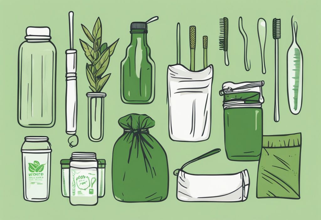 Illustration of zero waste concept with green theme, featuring reusable items like cloth bags, glass jars, bamboo toothbrushes, and metal straws, answering what is zero waste.