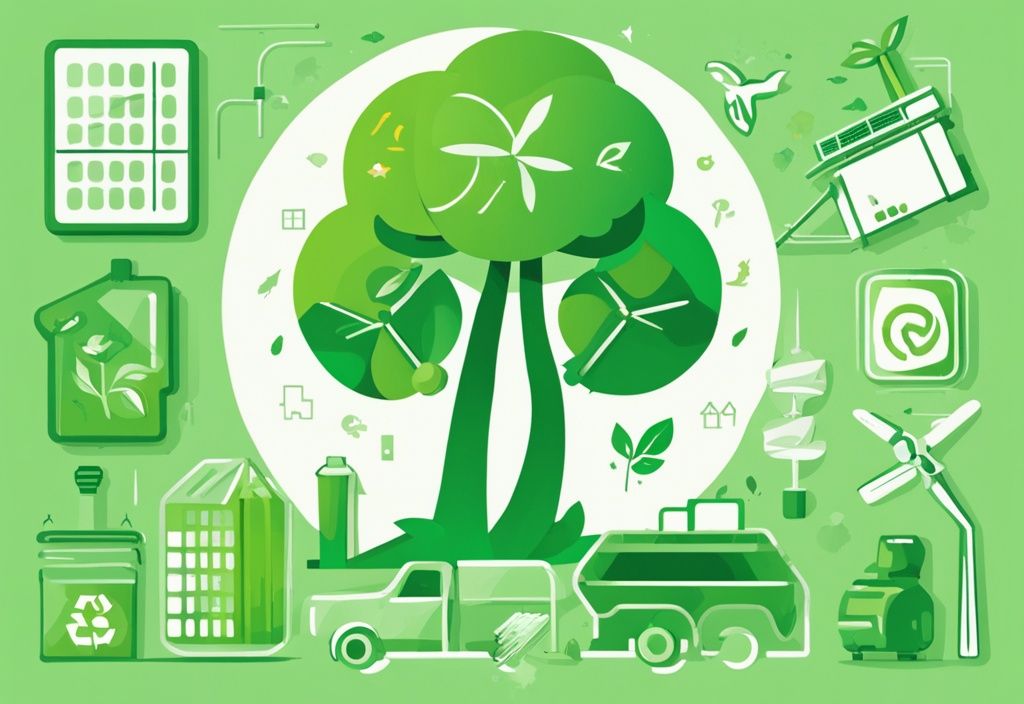 Eco-friendly illustration with green recycling symbol, tree, wind turbine, and solar panel.