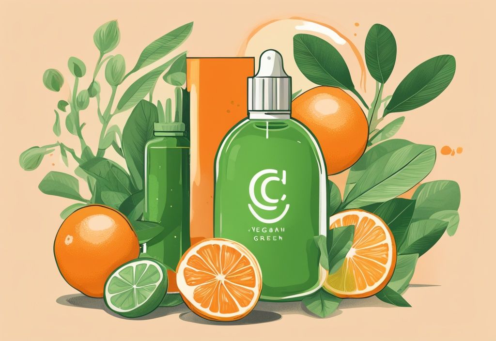 Vegan vitamin C serum in glass dropper bottle with vibrant orange color, surrounded by fresh citrus fruits and green leaves, illustration.