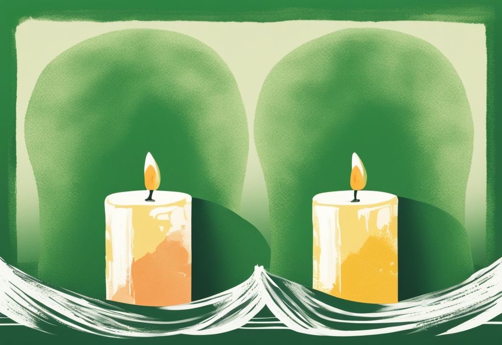 Illustration of palm wax vs soy wax candles side by side, showcasing distinct textures and green-themed colors.