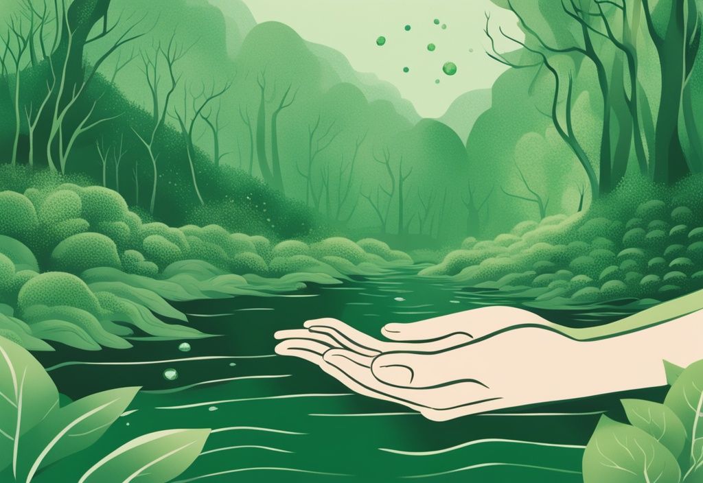 Lush green forest with a sparkling river and a hand holding a sprouting plant, symbolizing nature care and preservation.