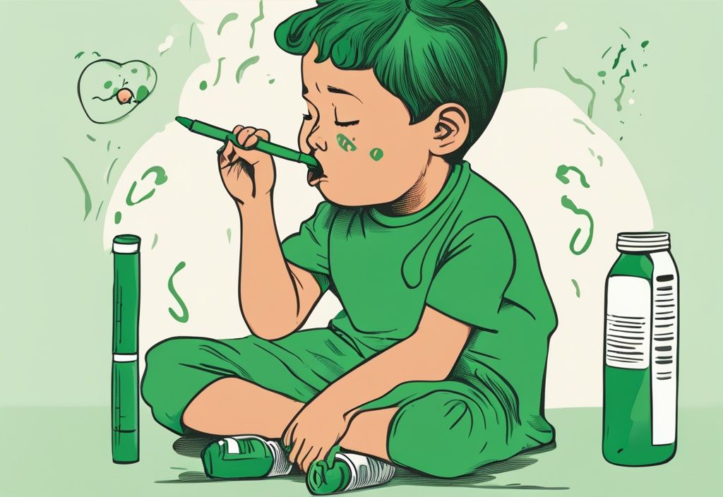 Child with puzzled expression holding crayon and stomachache medicine, highlighting side effects of eating crayons, green color theme illustration.