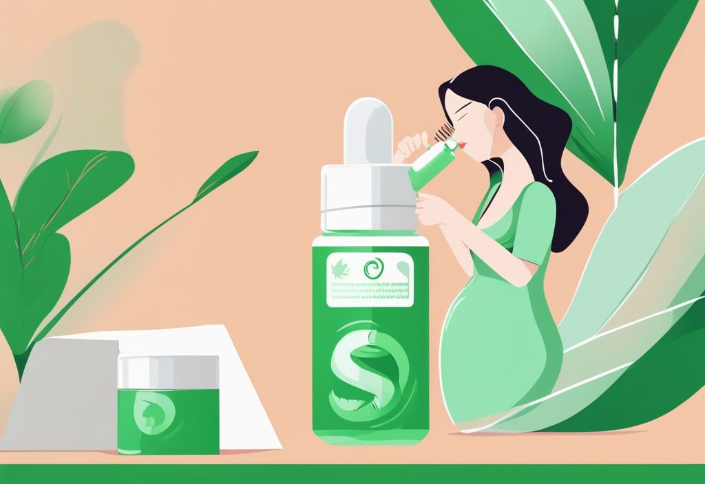 Pregnant woman with long eyelashes reading pregnancy-safe eyelash serum label, green color theme illustration.