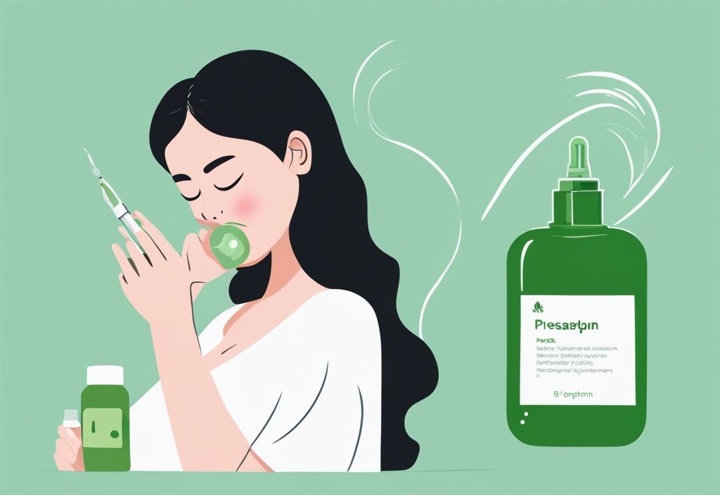 Pregnant woman with long eyelashes reading eyelash serum label, green theme, pregnancy-safe symbol visible.