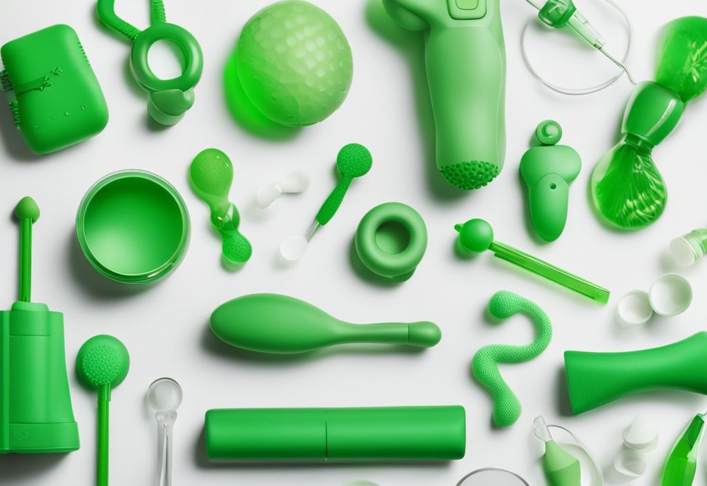 Illustration of colorful non-toxic sex toys on a white surface with a green theme.