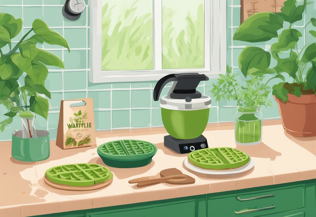 Green-themed kitchen with a non-toxic waffle maker on counter, surrounded by fresh waffles, green plants, and a non-toxic sign.