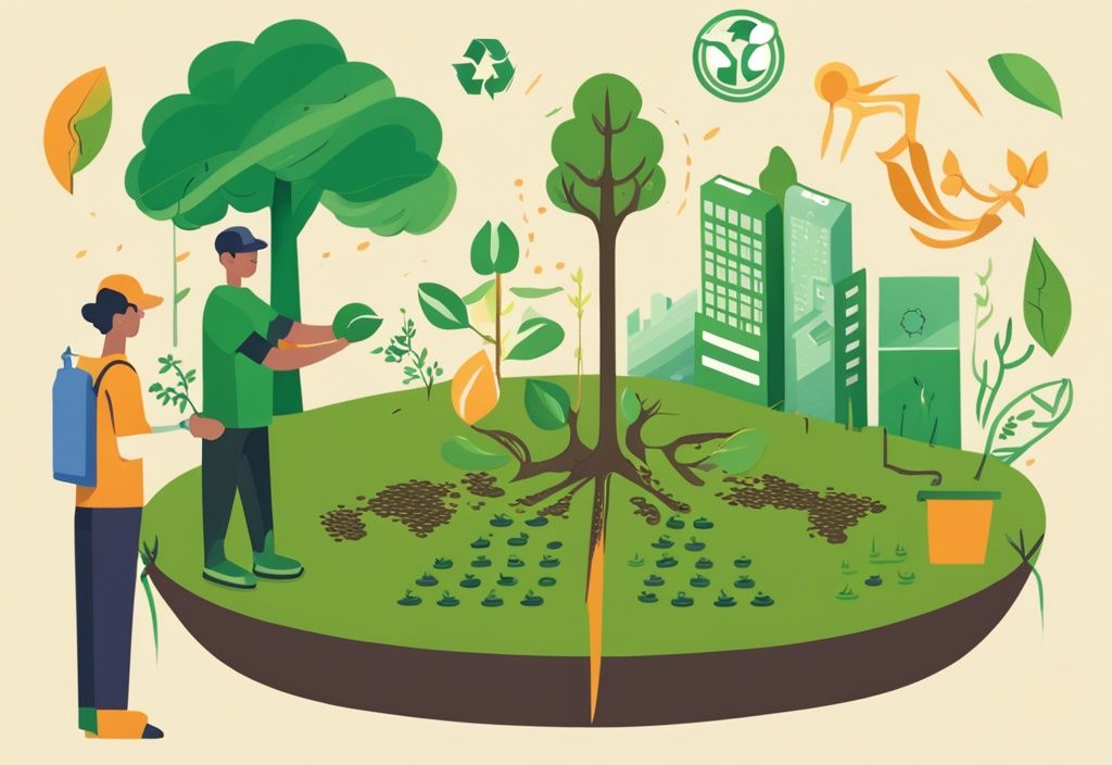 Illustration of hands planting a young tree in fertile soil with green theme, surrounded by recycling symbols and renewable energy icons.