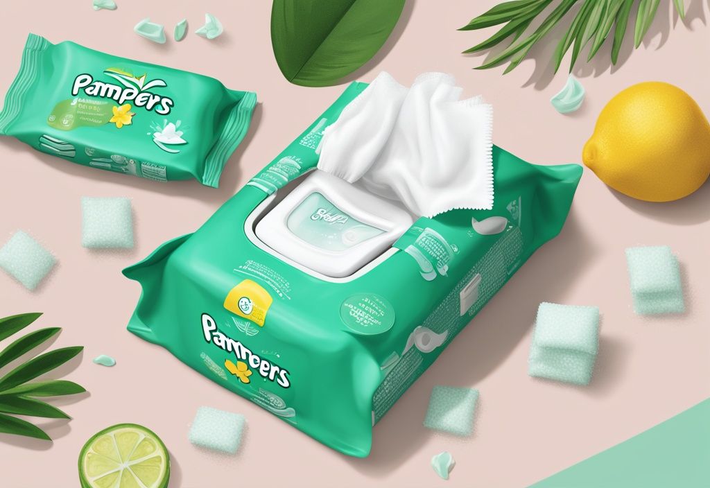 Illustration of Pampers sensitive wipes pack with open top, revealing soft wipes, surrounded by key ingredients, green color theme.