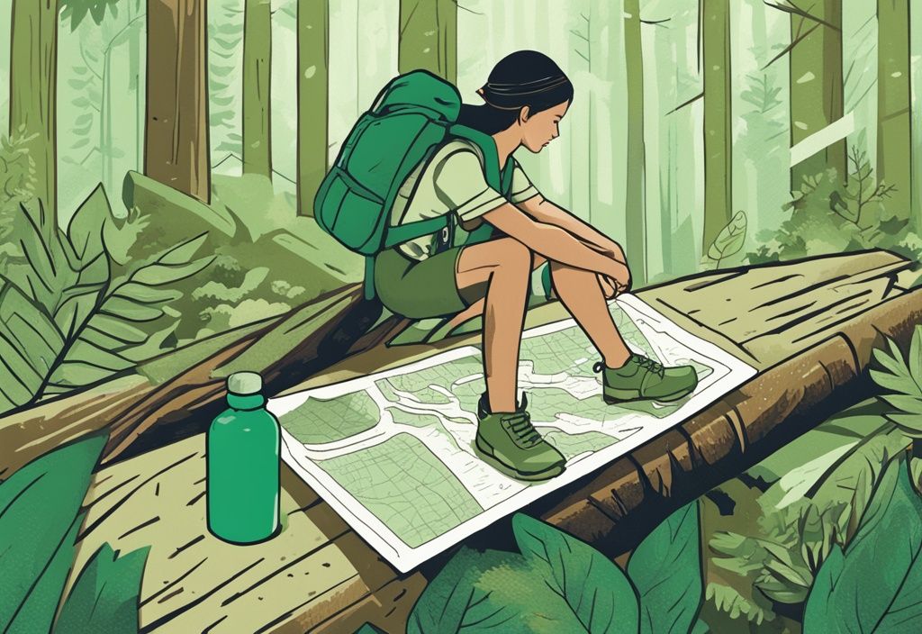 Young backpacker in green-themed forest with reusable water bottle and recycled paper map, illustrating travel sustainable level 1 meaning.