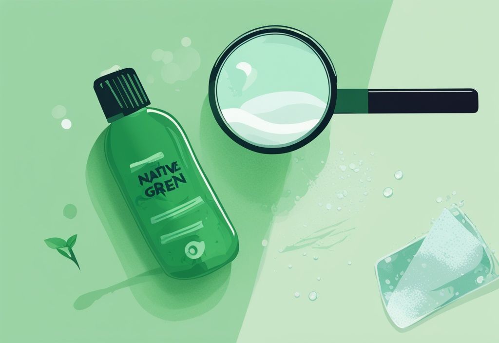 Illustration of a green-themed image featuring a bottle of Native shampoo and a magnifying glass focusing on a scalp with dandruff flakes, exploring the question: does Native shampoo cause dandruff?