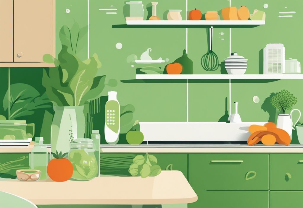 Green-themed kitchen illustration with fresh fruits, vegetables, glass storage containers, and eco-friendly cleaning products.