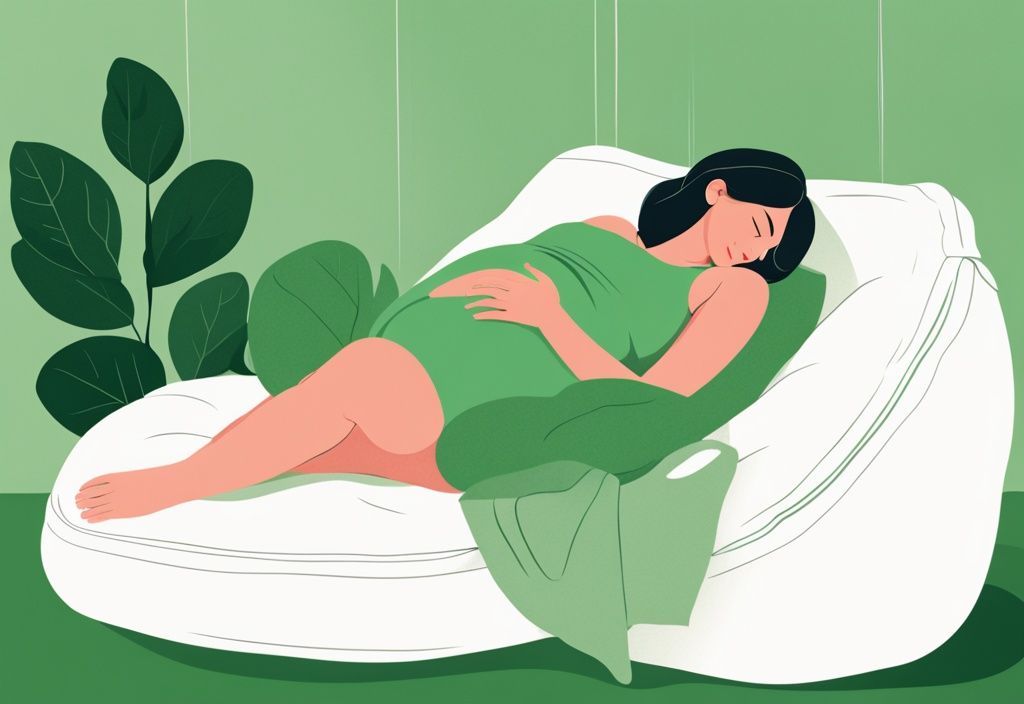 Pregnant woman resting on a couch with a large, non toxic pregnancy pillow in a green-themed illustration.