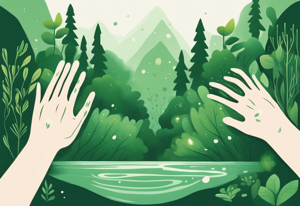 Lush green forest with a sparkling river and a hand holding a sprouting plant, symbolizing nature care and preservation.