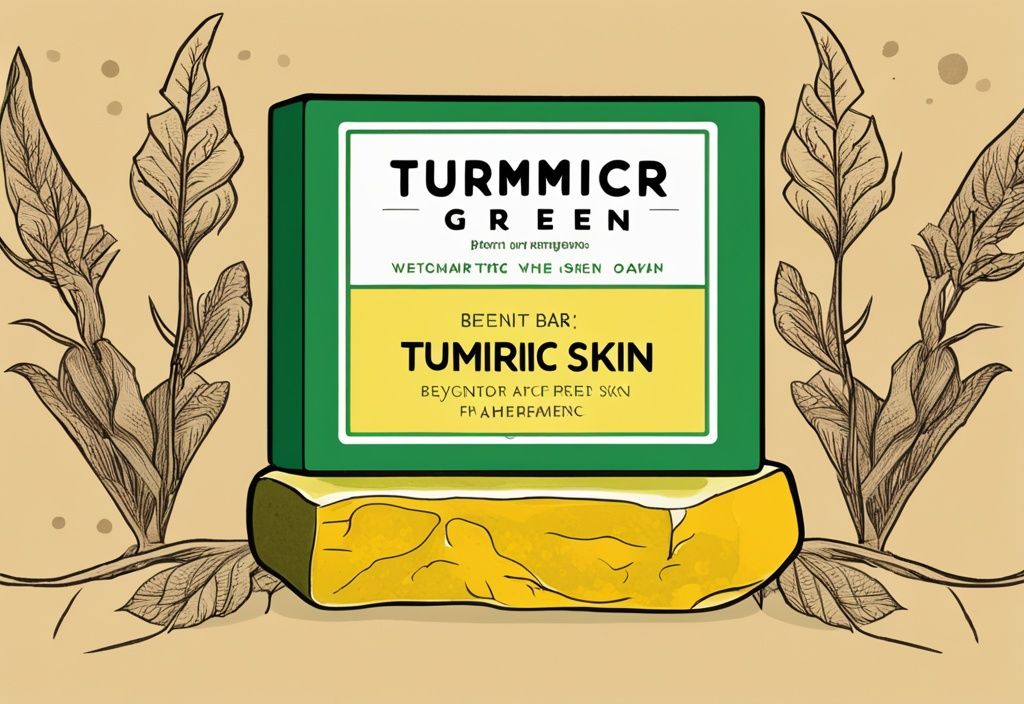 Illustration of a vibrant yellow turmeric soap bar on a wooden surface with fresh turmeric roots and a sign highlighting turmeric soap benefits for skin.