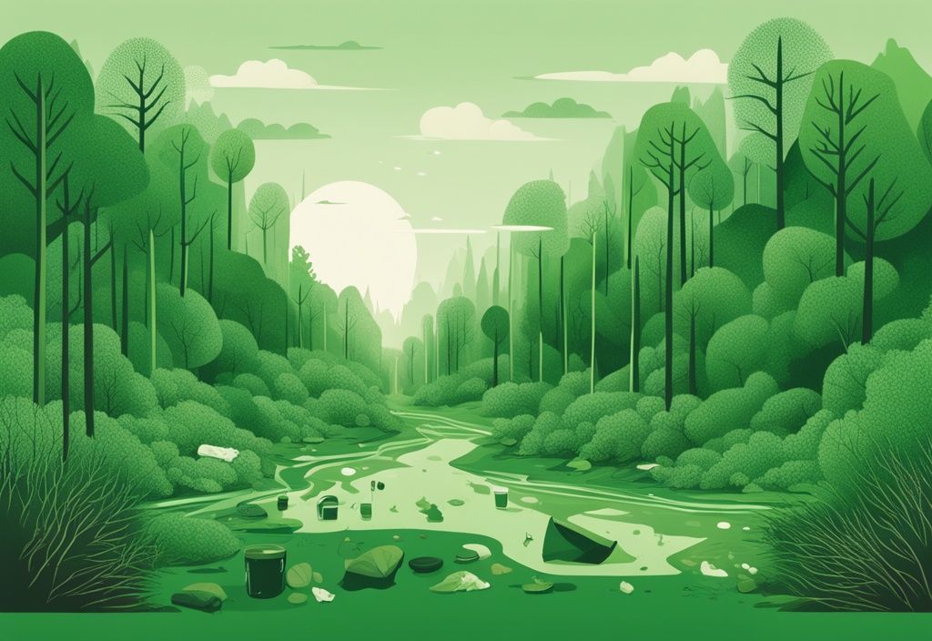 Illustration of a green forest contrasting with a polluted landscape, highlighting the impact of zero waste practices.