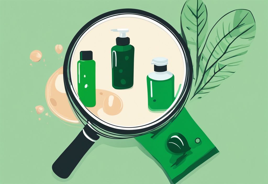 Illustration of Native shampoo bottle next to a magnifying glass highlighting dandruff on scalp, green color theme.