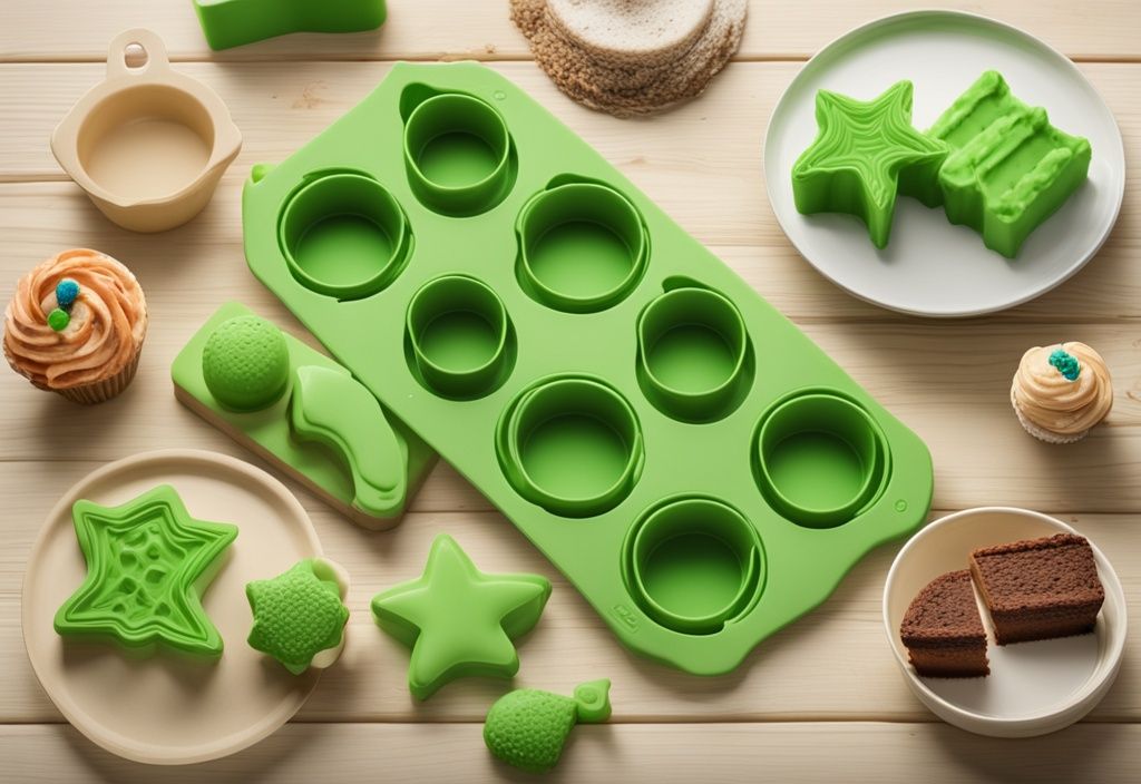 Green-themed illustration featuring colorful oven-safe silicone molds on a wooden kitchen counter, showcasing a freshly baked cake.