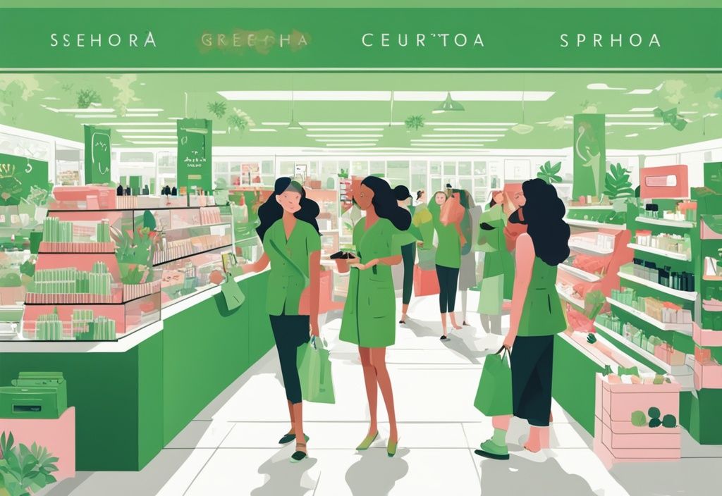 Illustration of a vibrant shopping scene with green hues, showcasing customers and staff in beauty stores like Sephora.